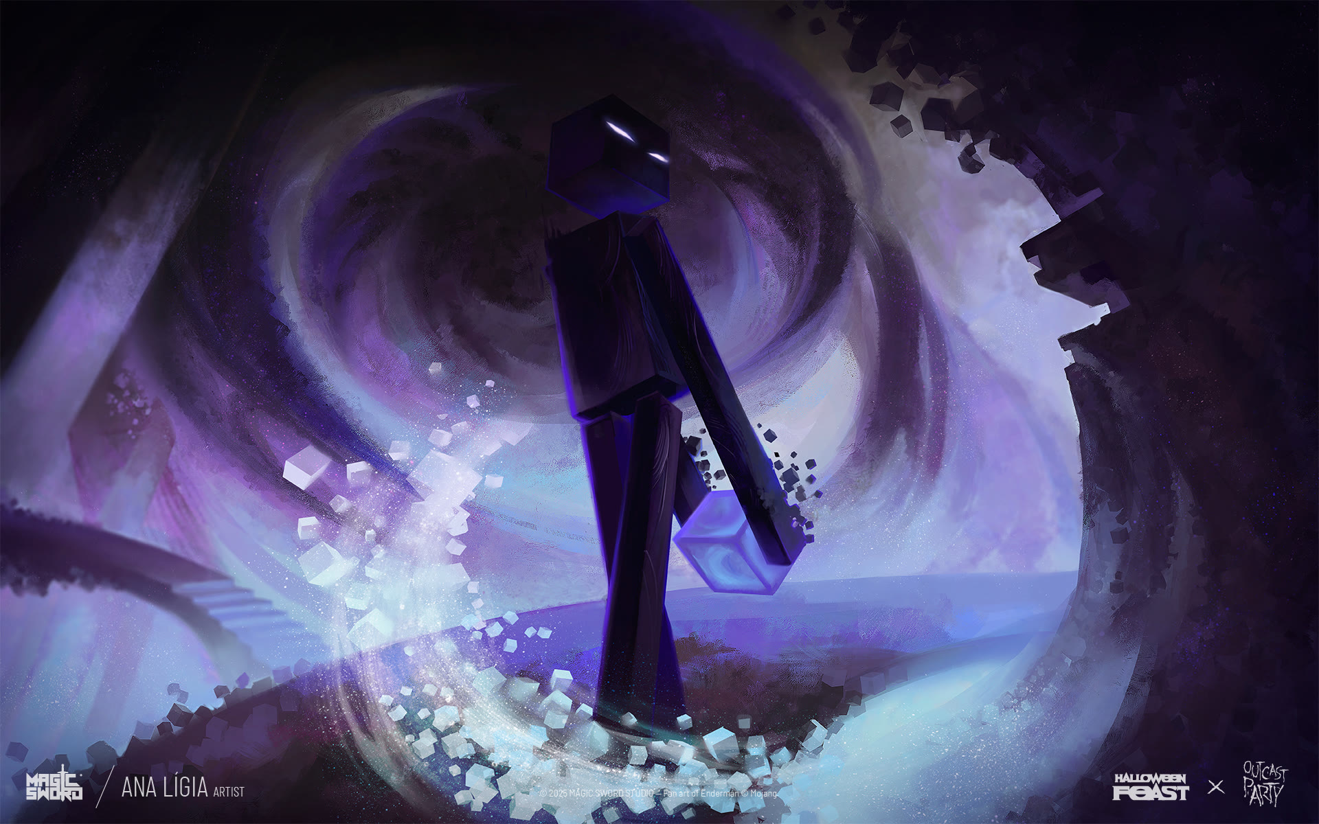 an Enderman from Minecraft, fan art trading card illustrated by Ana Lígia for Halloween Feast 2025: Outcast Party by Magic Sword Studio